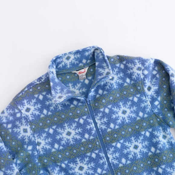 Vintage Haband! Blue & Green Snowflake Fleece Collared Sweater - Picture 8 of 12